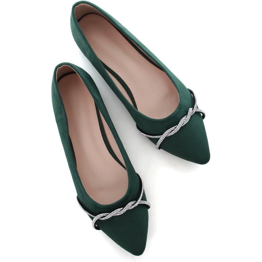 Women's Dark Green Casual Flats Fashion Chain Pointed Toe Ballet Flat Rhinestone